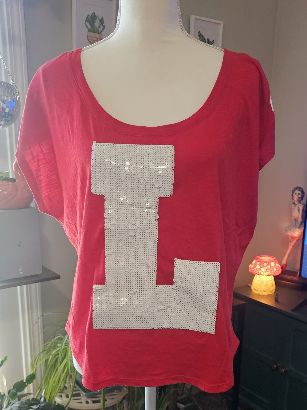 PINK Victoria's Secret Red Scoop Neck Crop Top with White Sequin 'L'